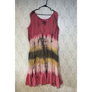 Woman Within Tie Dye Midi Dress Pink Green Yellow Sleeveless Ruffle Hem M‎